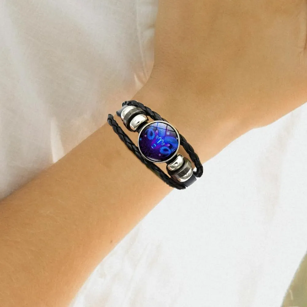 Zodiac Signs Spirit Bracelet Multilayer 12 Constellation Bracelet for Women Men Handmade Woven Zodiac Leather Bracelets Adjustable Glow in the Dark Zodiac Cuff Bangles for Constellation Lover