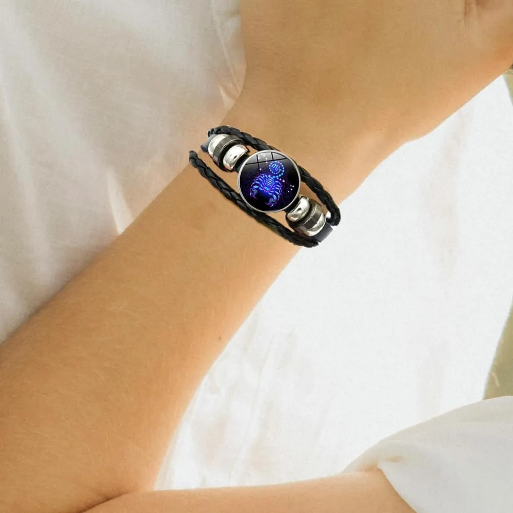 Zodiac Signs Spirit Bracelet Multilayer 12 Constellation Bracelet for Women Men Handmade Woven Zodiac Leather Bracelets Adjustable Glow in the Dark Zodiac Cuff Bangles for Constellation Lover